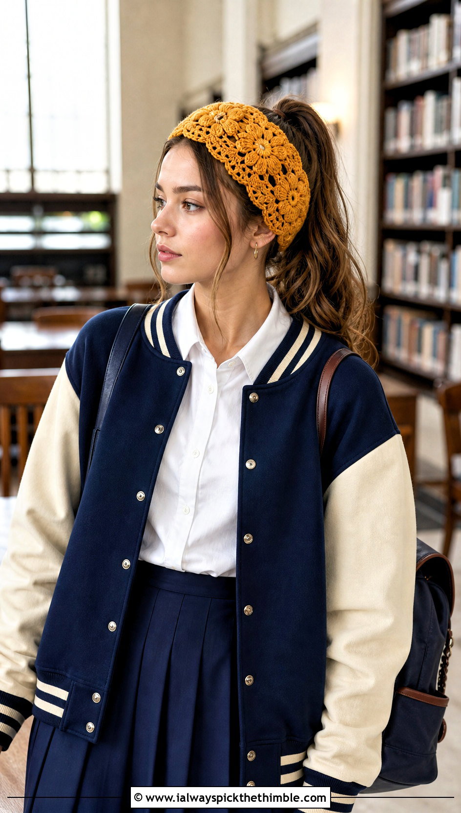 Crochet Frosted Petals Ear Warmer With Varsity Jacket And Pleated Skirt - 15 Crochet Frosted Petals Ear Warmer outfit ideas
