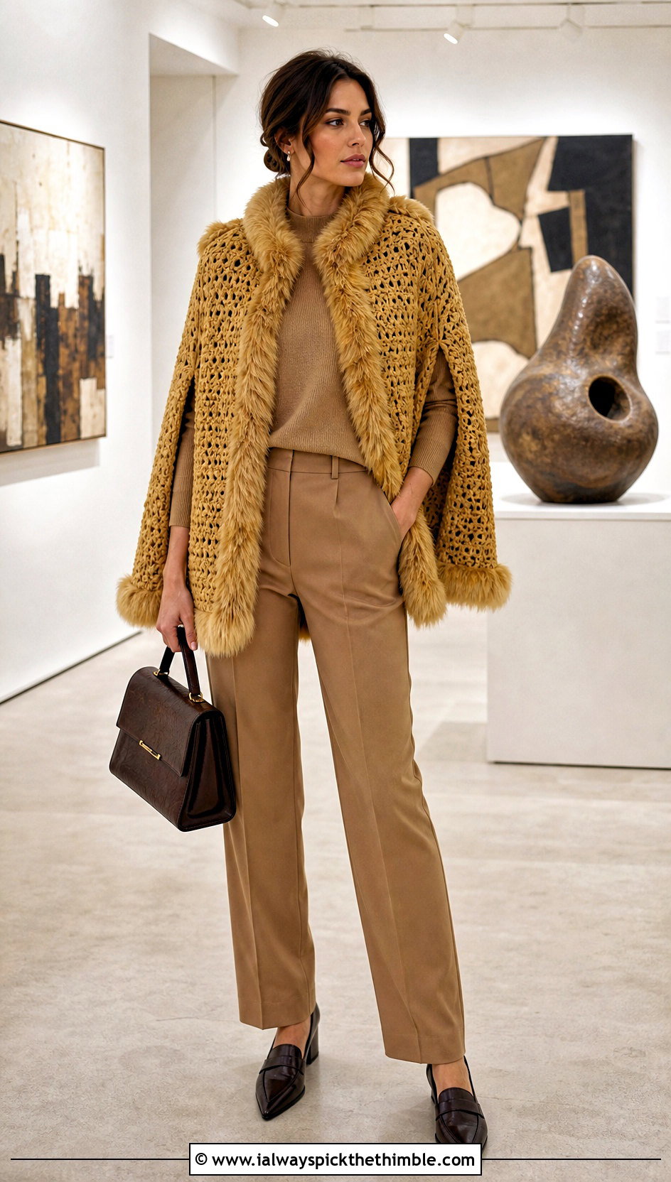 Crochet Fur Cape Jacket With Monochrome Separates - 20 crochet fur jacket outfit ideas
