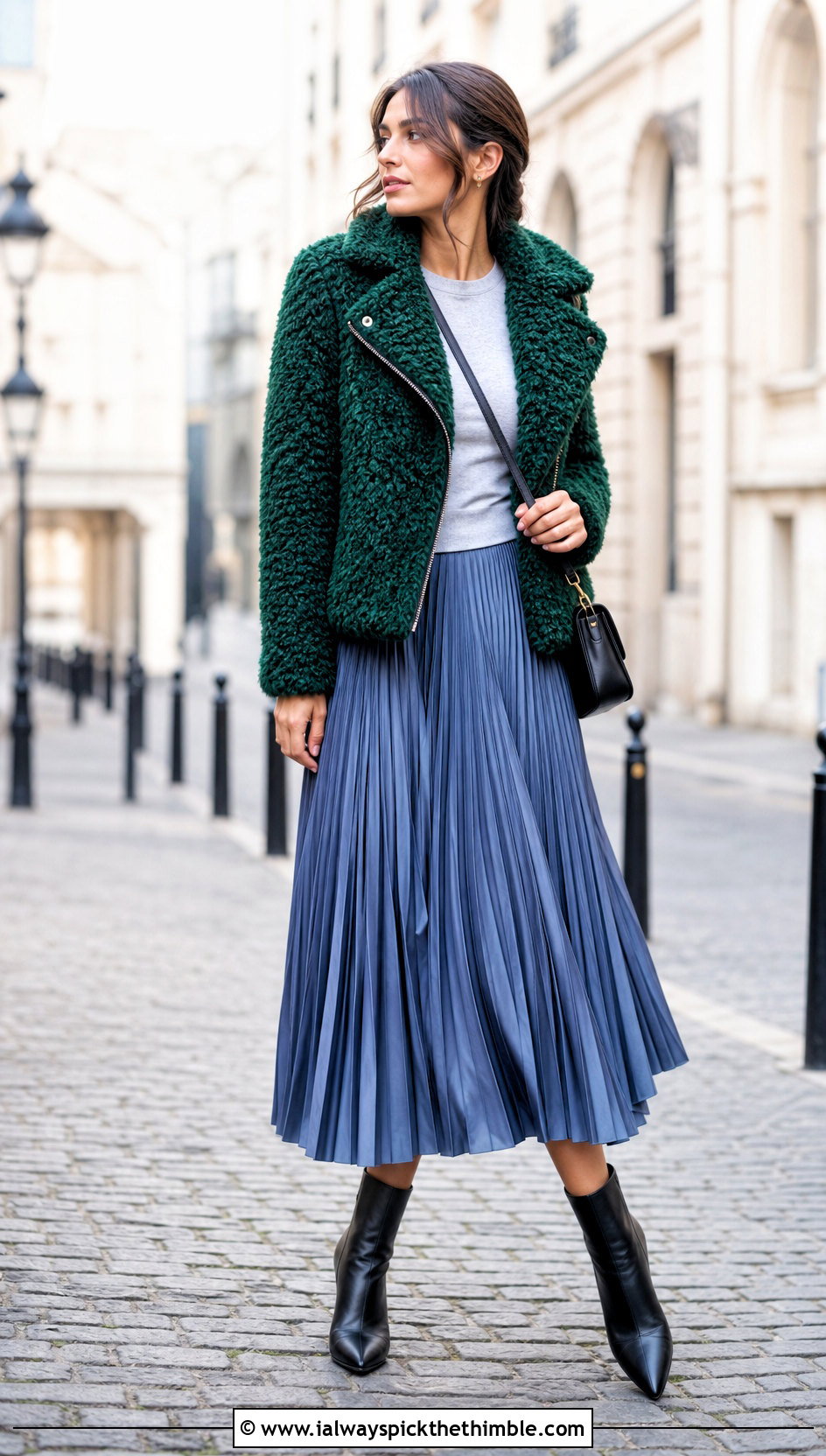 Crochet Fur Moto Jacket With Pleated Midi Skirt - 20 crochet fur jacket outfit ideas