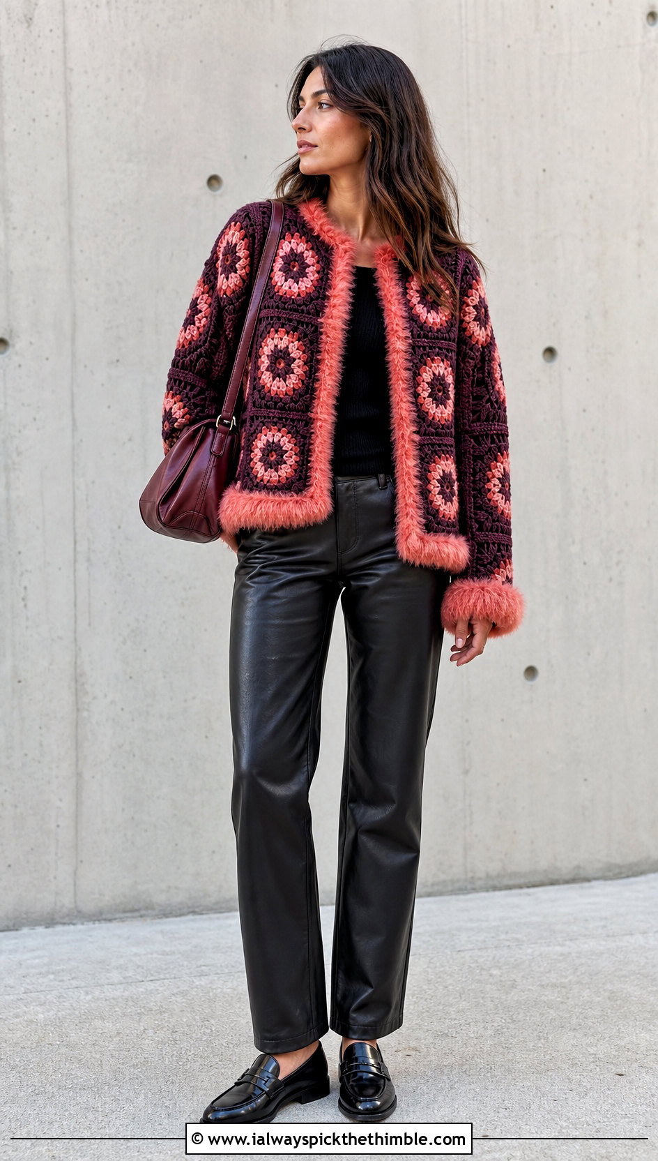 Crochet Fur Trim Granny Square Jacket With Leather Pants - 20 crochet fur jacket outfit ideas