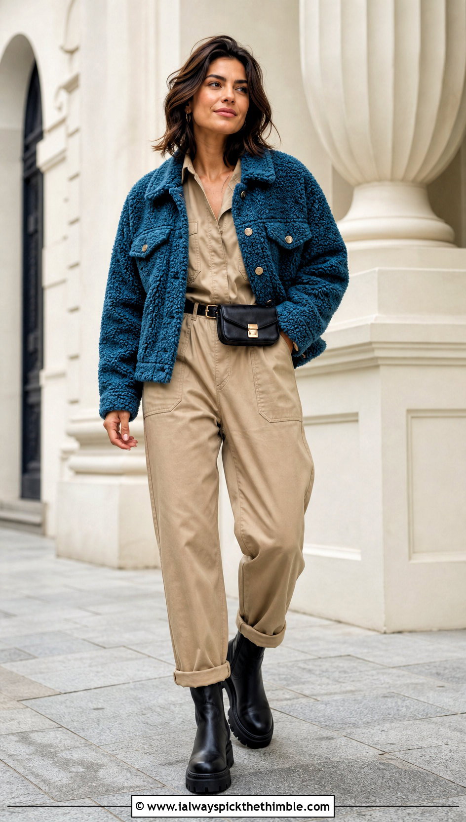 Crochet Fur Trucker Jacket With Utility Jumpsuit - 20 crochet fur jacket outfit ideas