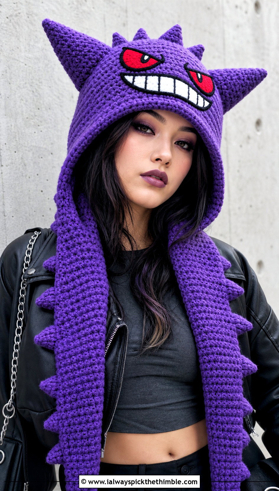 Crochet Gengar Hooded Scarf With Leather Jacket - 20 Crochet Pokemon Scarf outfit ideas