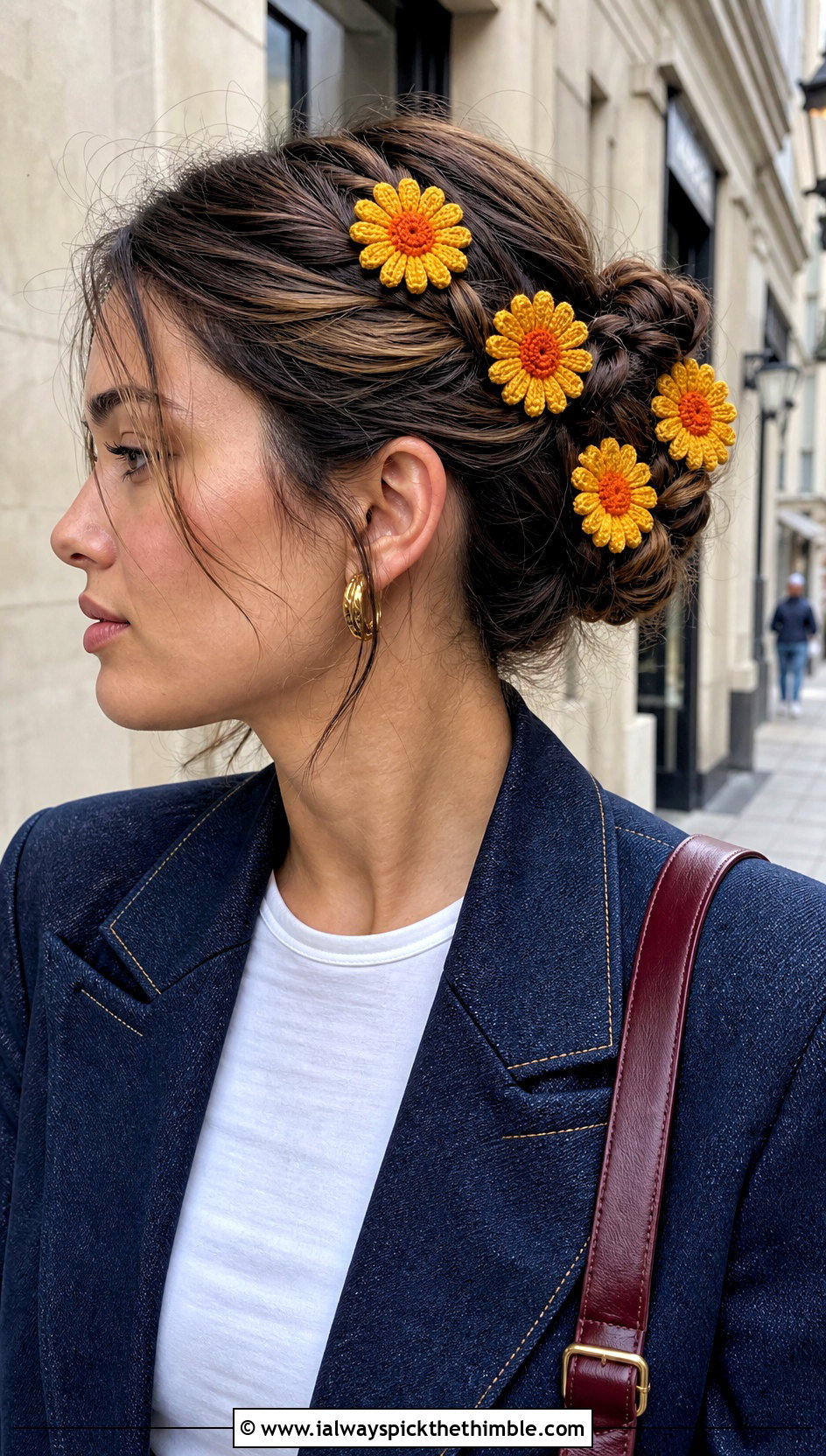 Crochet Gerbera Bobby Pin Set With Denim Suit - 15 crochet flower headband and clip outfit ideas