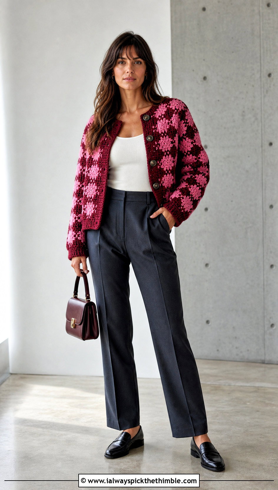 Crochet Gingham Cardigan Jacket With Tailored Pants - 20 Crochet Gingham Sweater outfit ideas