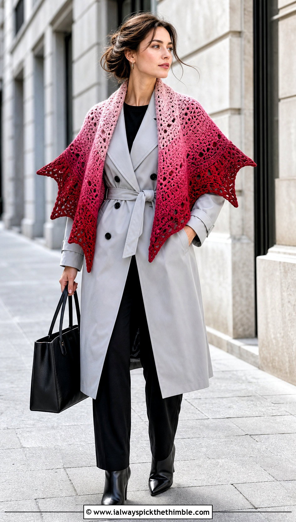 Crochet Gradient Wing Shawl With Trench Coat - 20 Crochet Wing Shawl outfit ideas