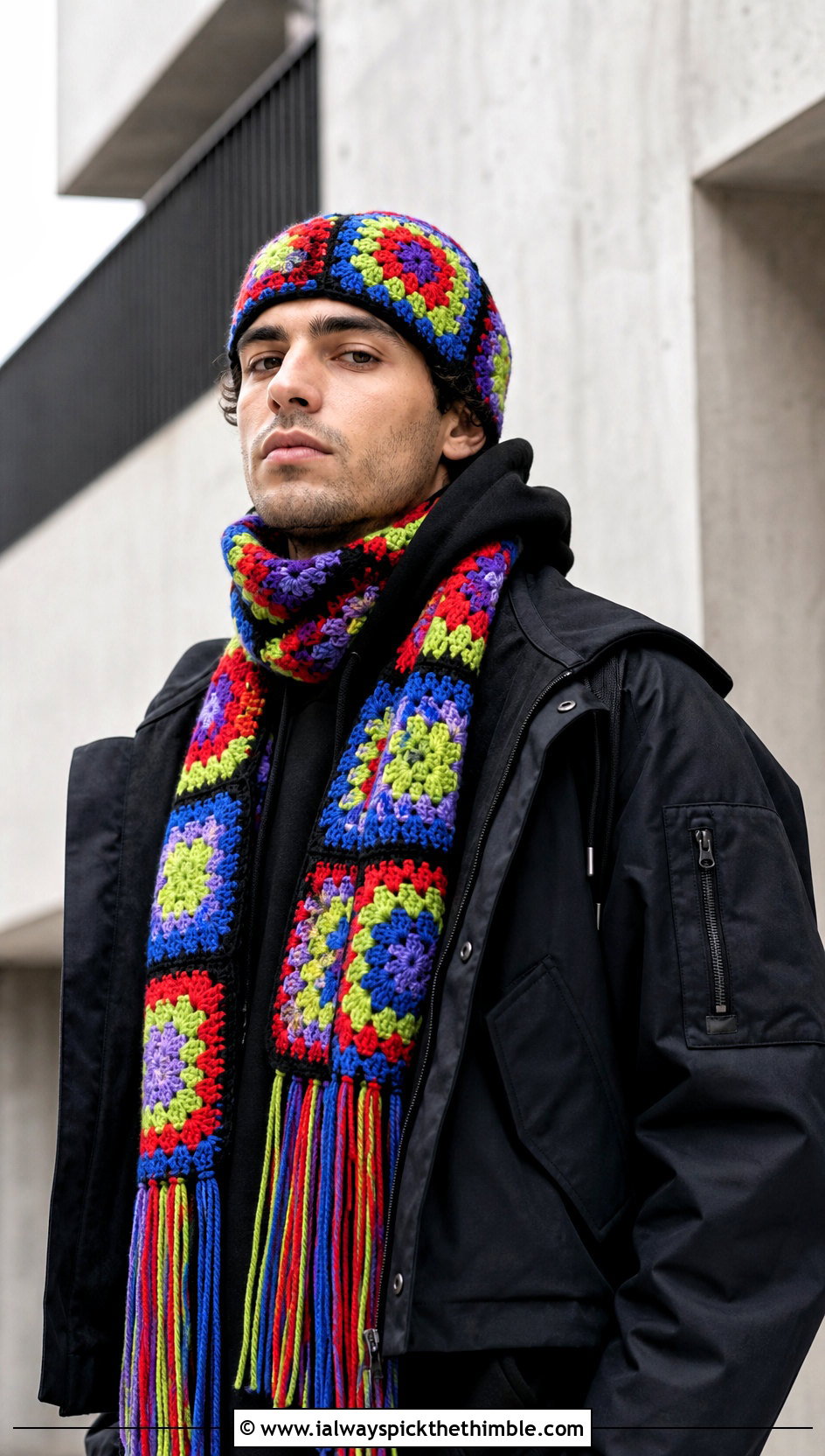 Crochet Granny Square Beanie And Fringe Scarf With Black Streetwear - 20 Crochet Mens Hat And Scarf outfit ideas
