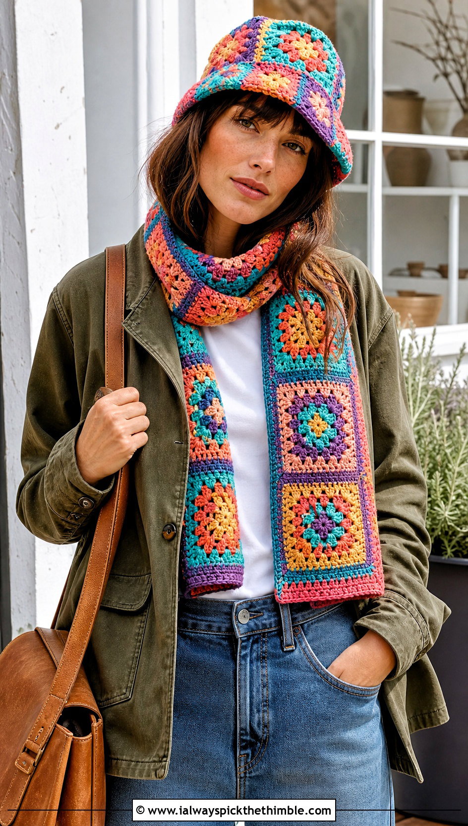 Crochet Granny Square Bucket Hat And Granny Square Scarf With Chore Jacket - 20 crochet hat and scarf outfit ideas