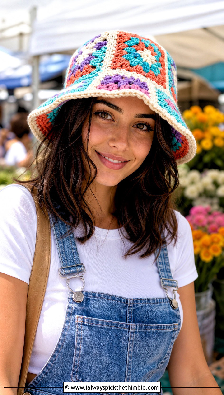 Crochet Granny Square Bucket Hat With Overalls - 25 crochet adult hats outfit ideas