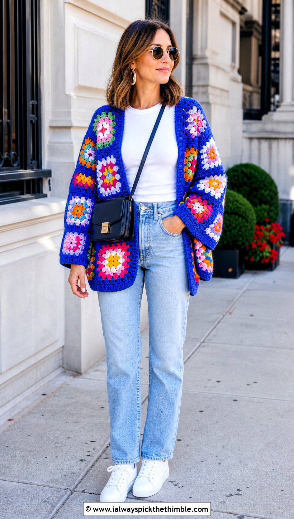 Crochet Granny Square Cocoon Blanket Sweater With Straight Jeans - 20 crochet sweater blanket outfit ideas