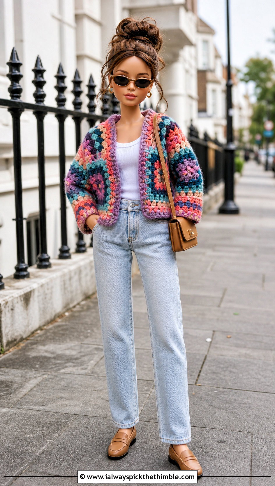 Crochet Granny Square Doll Cardigan With Jeans - 20 Crochet Mini Doll Clothes and outfit ideas