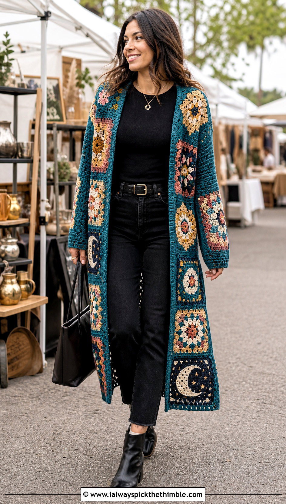 Crochet Granny Square Duster With Black Denim - 20 crochet witchy clothes and outfit ideas