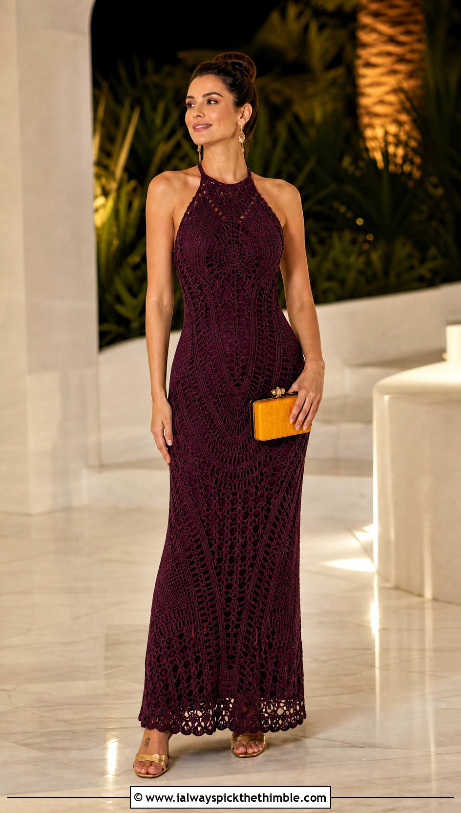 Crochet Halter Maxi Dress With Metallic Heels - 20 Cute Crochet Dress outfit ideas