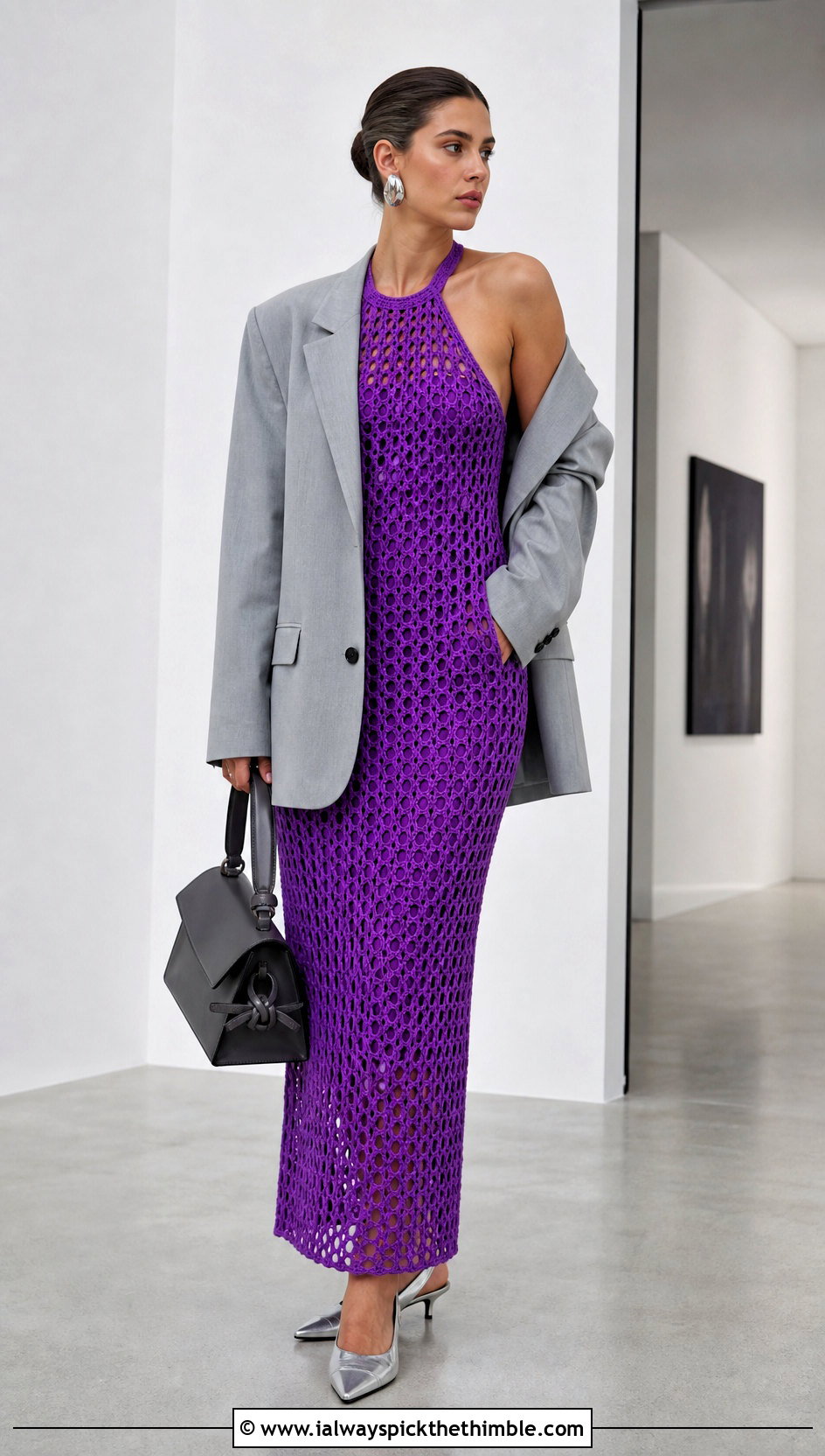 Crochet Halter Maxi Dress With Tailored Blazer - 20 Crochet Long Dresses outfit ideas