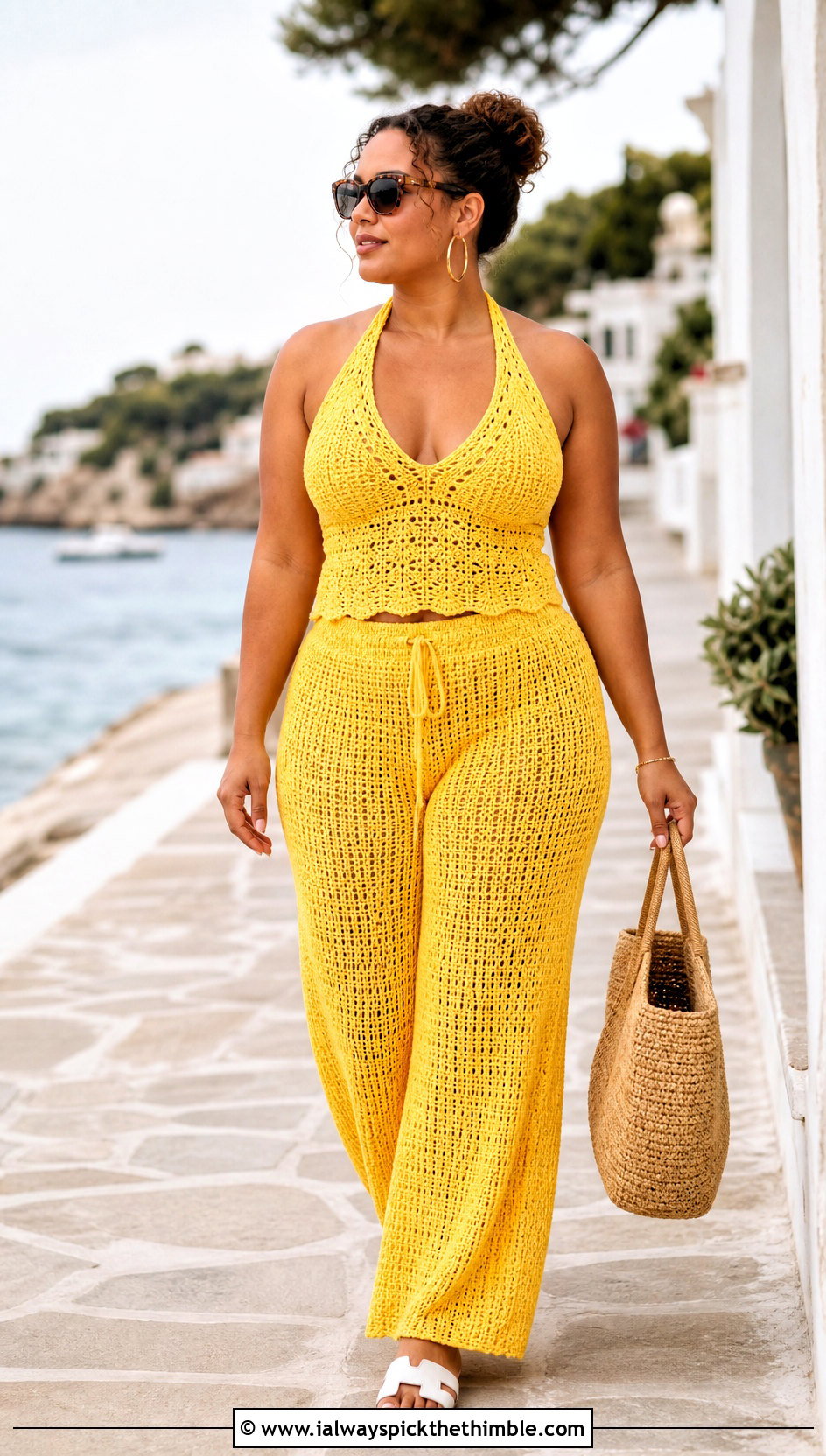 Crochet Halter Top And Wide Leg Pants Set With Flat Sandals - 20 crochet pants set outfit ideas