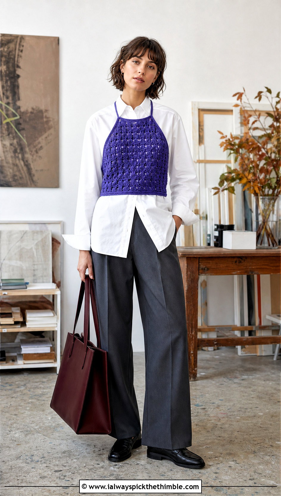 Crochet Halter Top Over Oxford Shirt - 25 autumn crochet clothes and outfit ideas