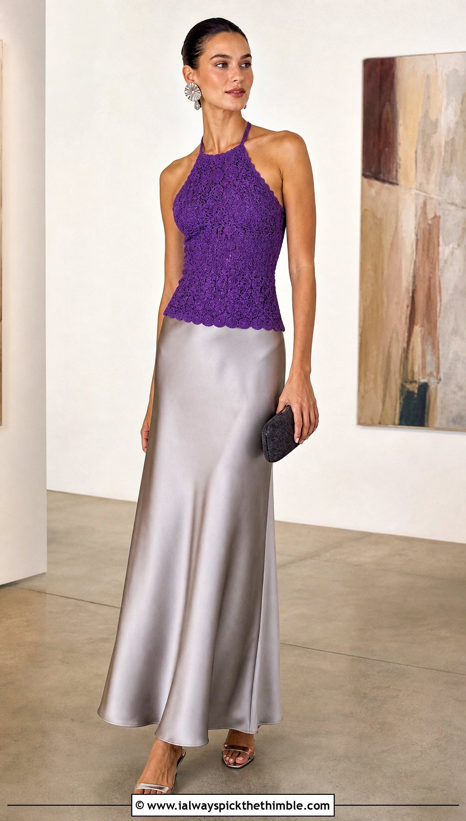 Crochet Halter Top With Satin Maxi Skirt - 20 lightweight crochet top outfit ideas