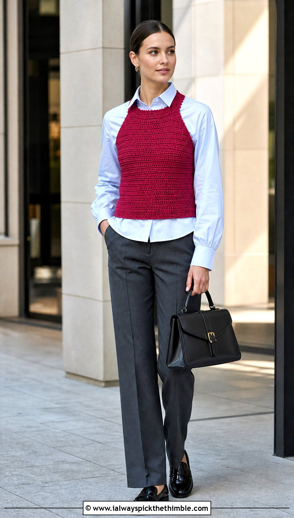 Crochet Halter Vest With Poplin Shirt And Trousers - 25 easy crochet halter top outfit ideas