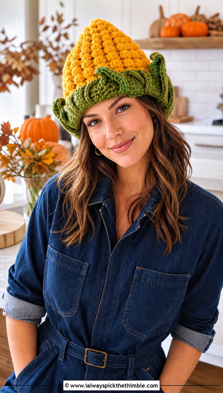 Crochet Harvest Corn Beanie With Utility Jumpsuit - 15 Crochet Thanksgiving Hat outfit ideas