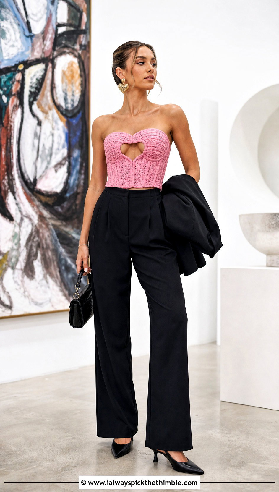 Crochet Heart Cut Out Corset Top With Tailored Trousers - 20 crochet heart cut out top outfit ideas