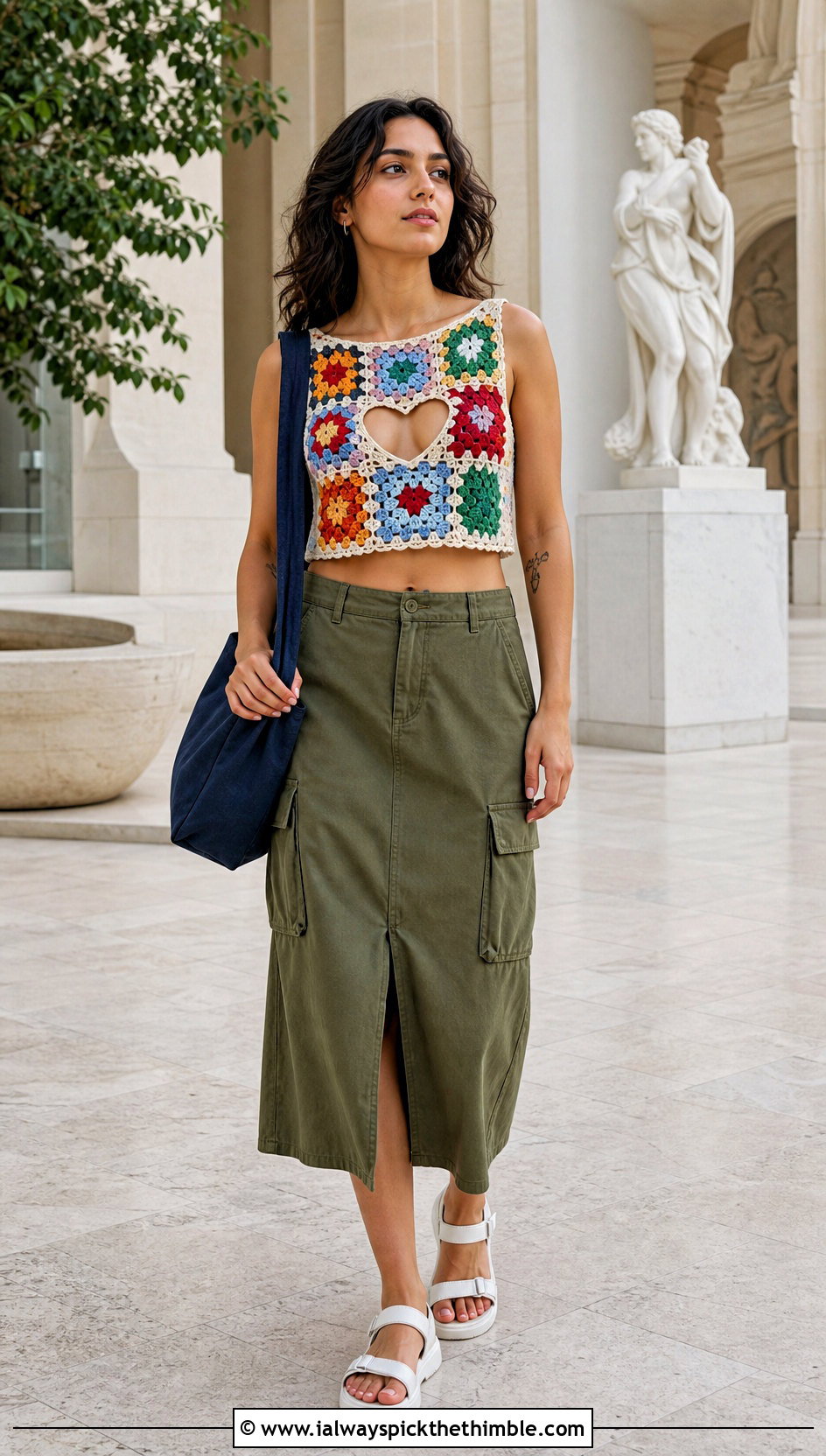 Crochet Heart Cut Out Granny Square Top With Utility Skirt - 20 crochet heart cut out top outfit ideas