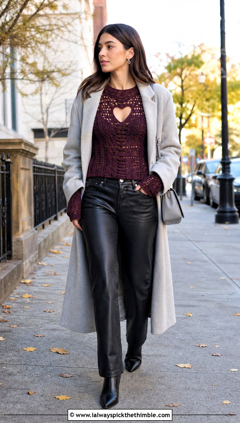 Crochet Heart Cut Out Long Sleeve Top With Leather Pants - 20 crochet heart cut out top outfit ideas