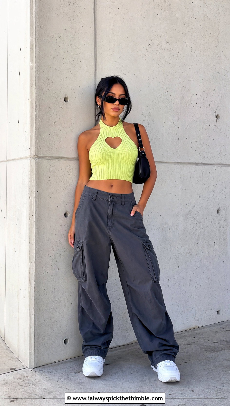 Crochet Heart Cut Out Ribbed Crop Top With Cargo Pants - 20 crochet heart cut out top outfit ideas