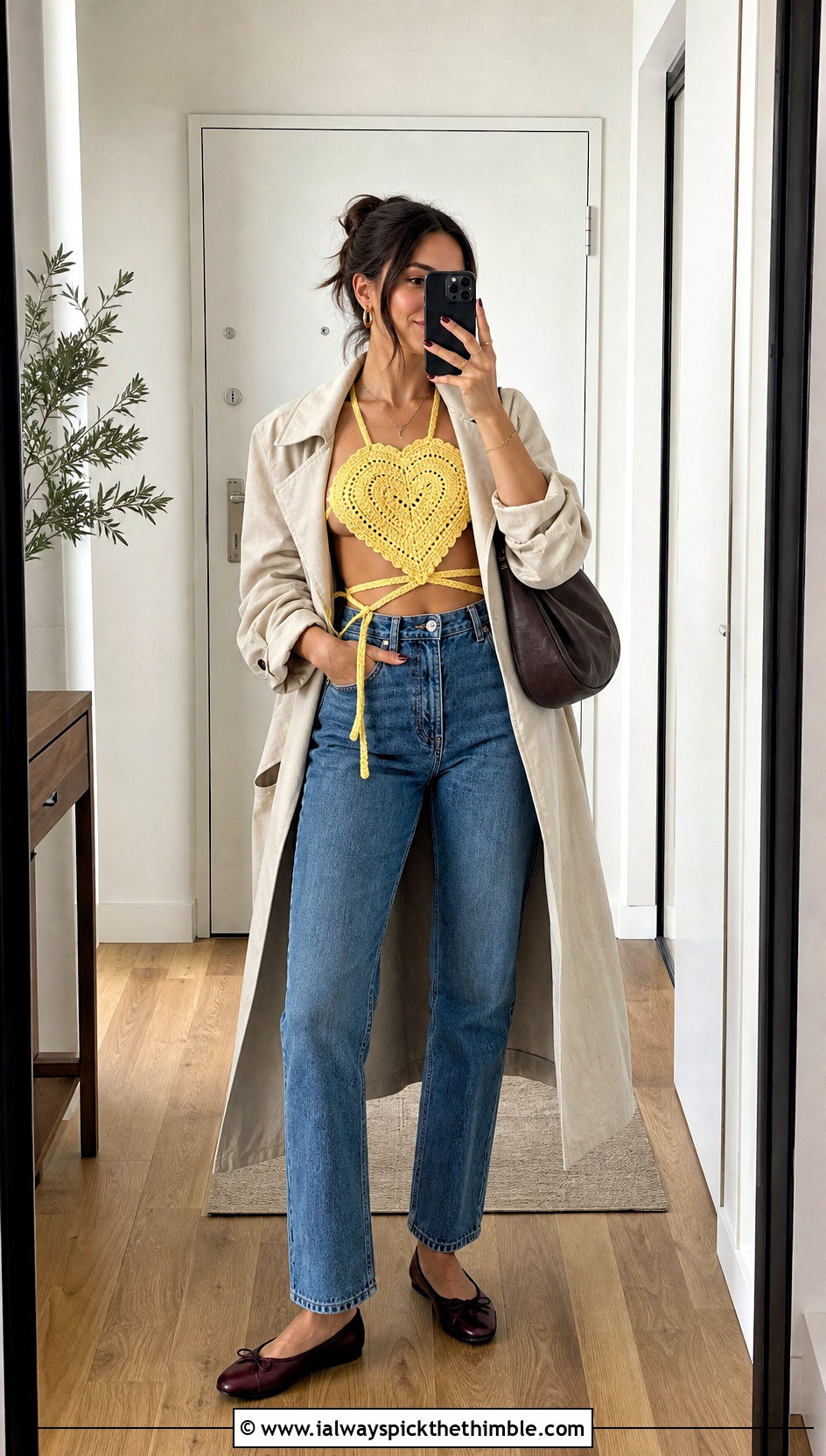 Crochet Heart Cut Out Wrap Top With Straight Leg Jeans - 20 crochet heart cut out top outfit ideas