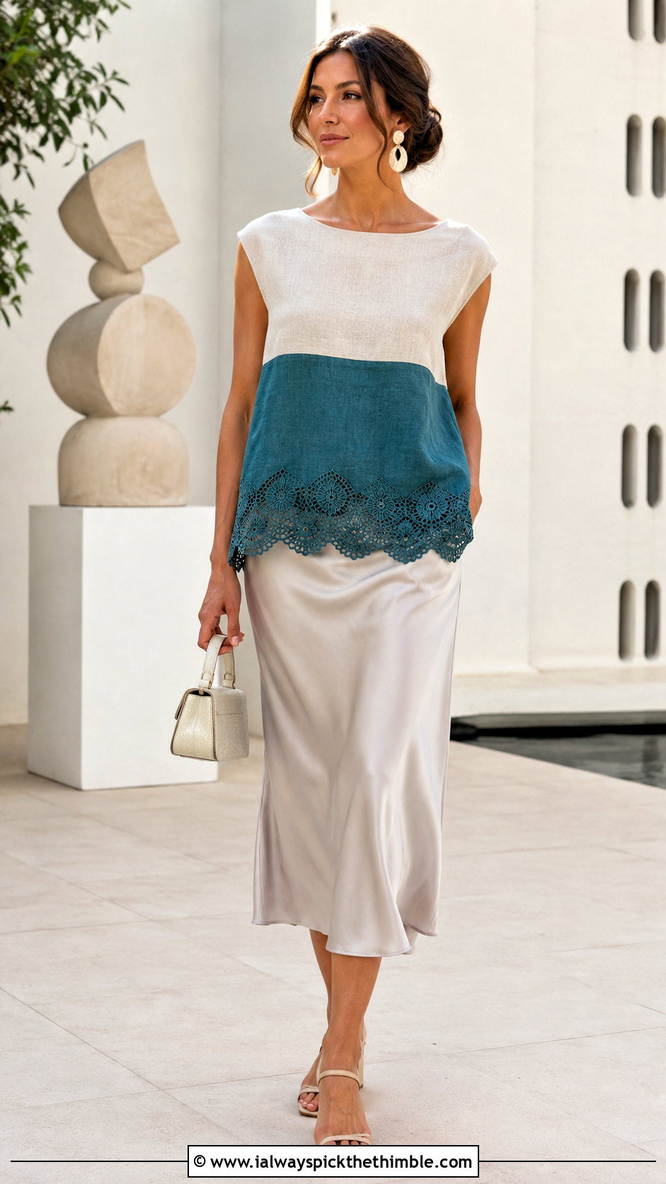Crochet Hem Linen Top With Satin Midi Skirt - 20 crochet and fabric top outfit ideas