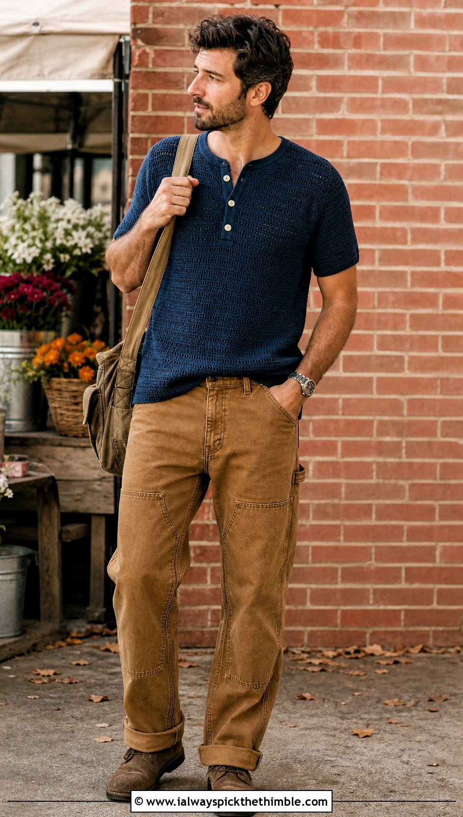 Crochet Henley Shirt With Carpenter Jeans - 25 crochet shirt men outfit ideas