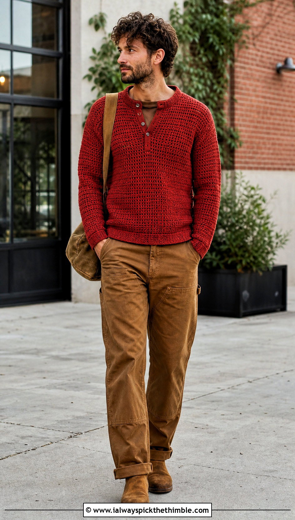 Crochet Henley Shirt With Workwear Pants - 25 crochet shirts for men outfit ideas