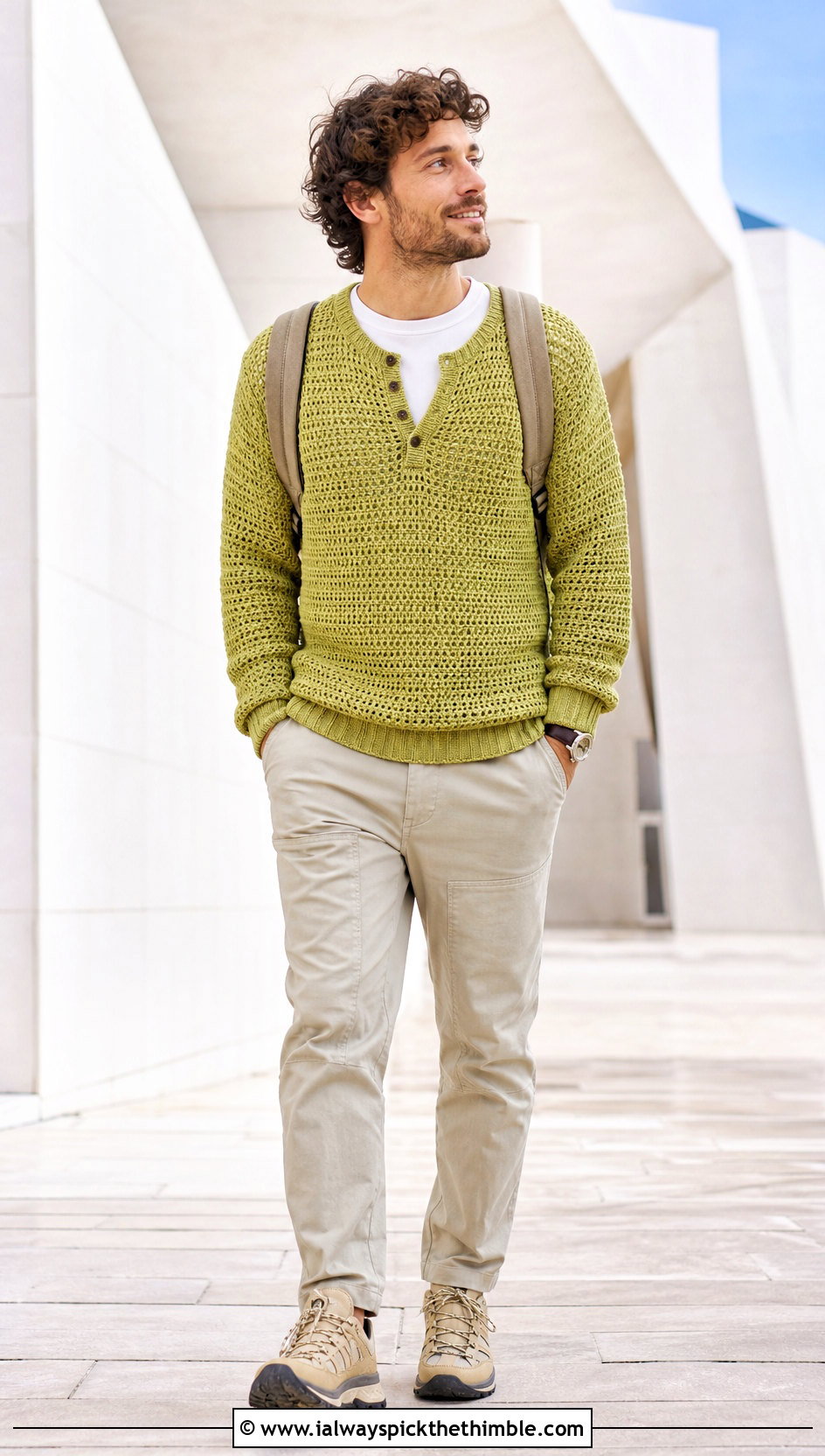 Crochet Henley Sweater With Utility Trousers - 20 crochet sweater for man outfit ideas