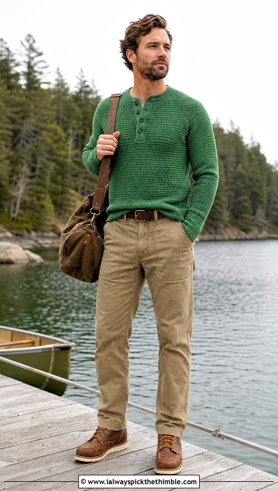Crochet Henley Sweater With Workwear Pants - 25 crochet mens sweater outfit ideas