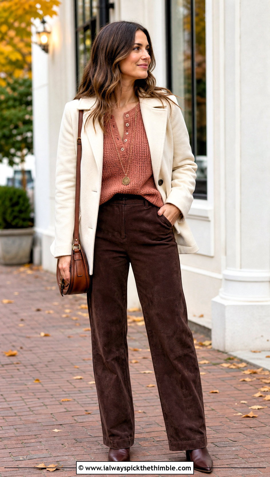 Crochet Henley Top With Suede Pants - 25 crochet fall top outfit ideas