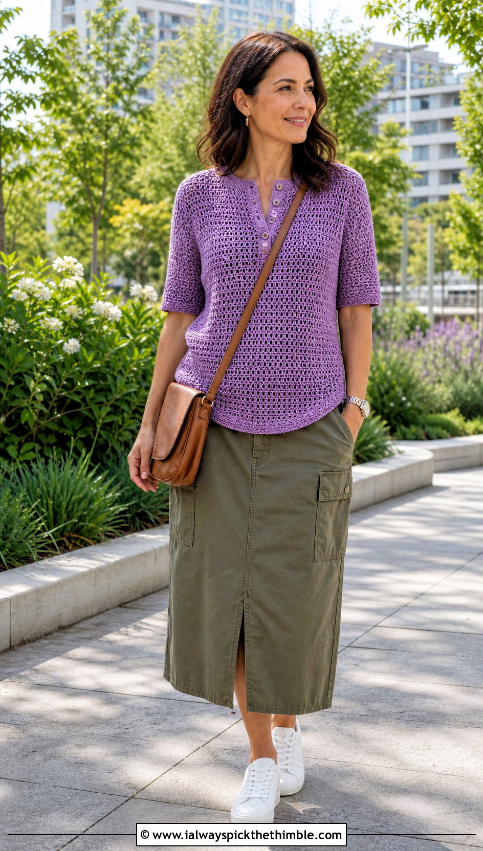 Crochet Henley Top With Utility Skirt - 20 crochet top not cropped outfit ideas