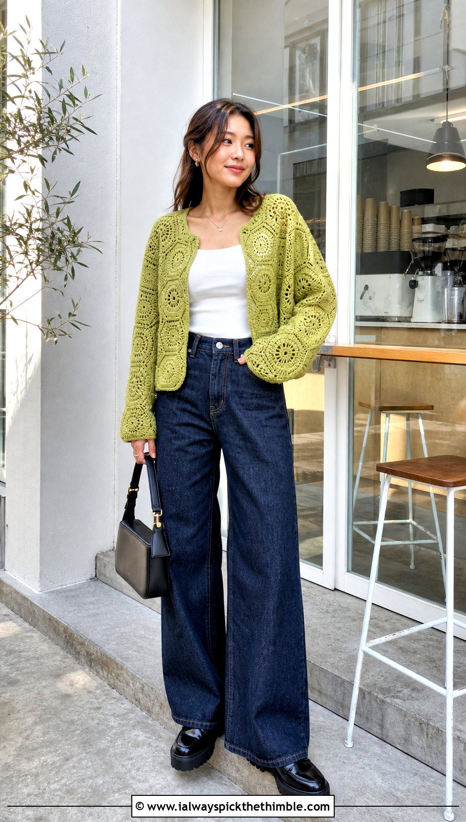 Crochet Hexagon Blanket Sweater With Wide Leg Jeans - 20 crochet sweater blanket outfit ideas