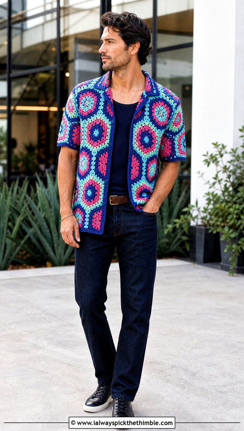 Crochet Hexagon Shirt With Dark Wash Jeans - 25 crochet male shirt outfit ideas