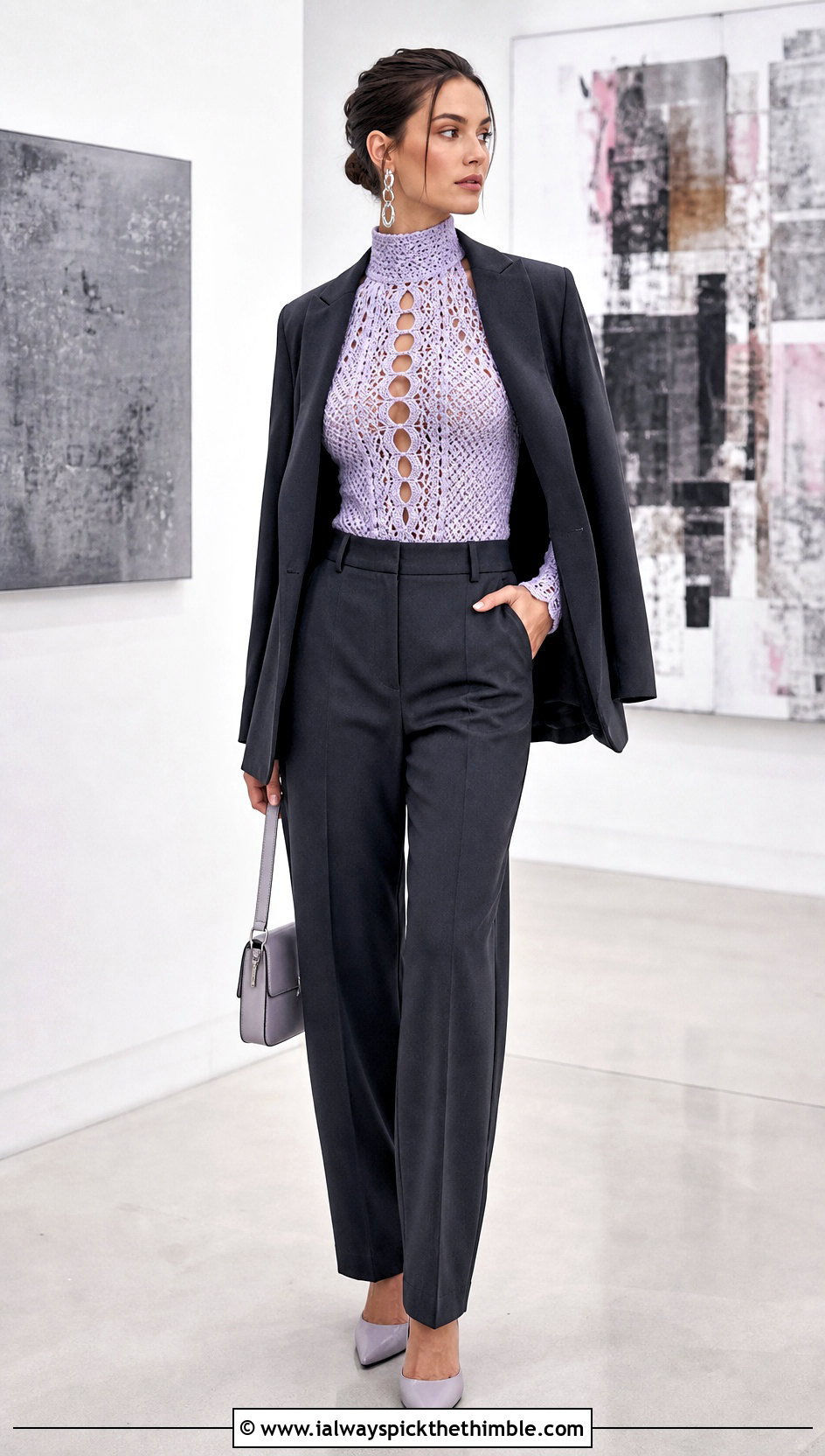 Crochet High Neck Keyhole Lace Up Top With Suit Pants - 20 crochet lace up top outfit ideas