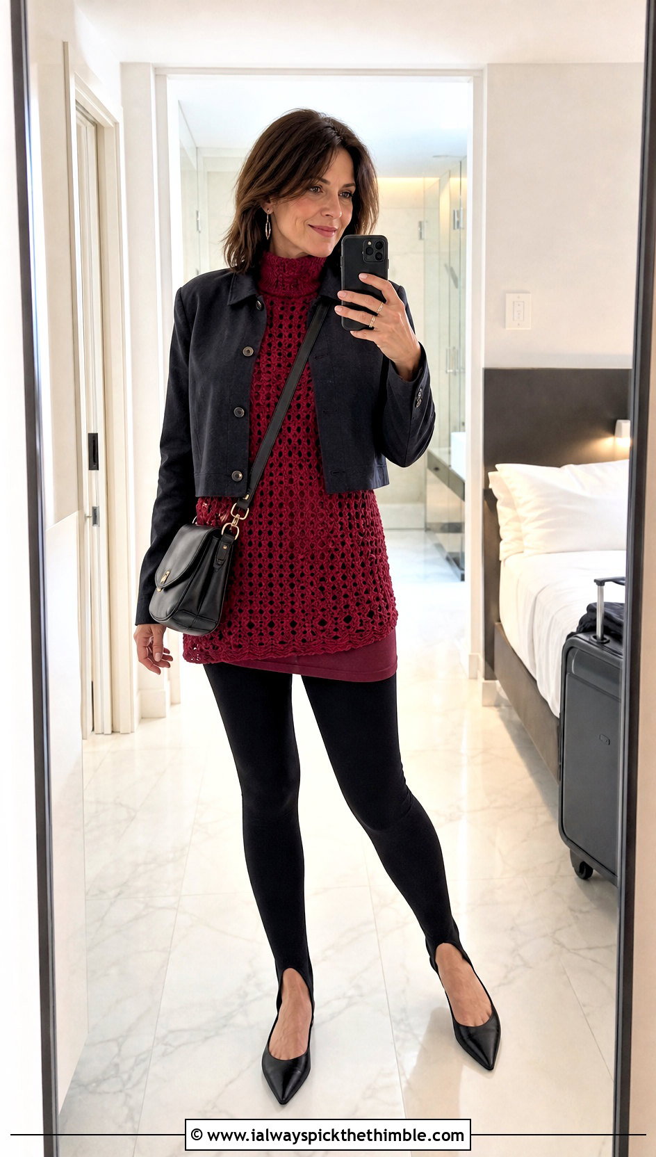 Crochet High Neck Tunic Top With Stirrup Leggings - 25 crochet high neck top outfit ideas