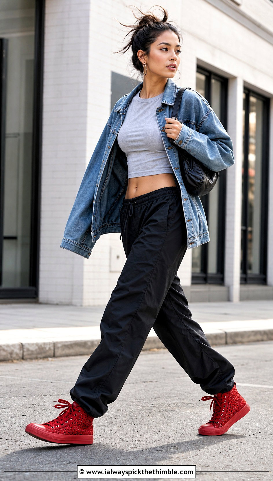 Crochet High Top Sneakers With Parachute Pants - 20 crocheted shoes women outfit ideas