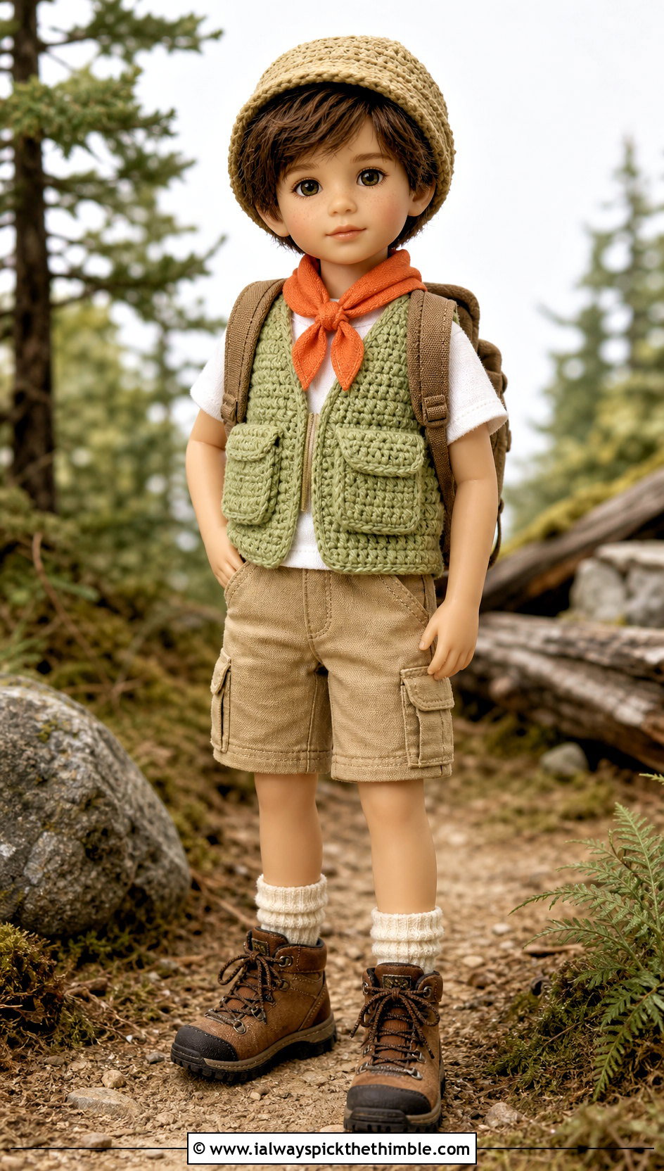 Crochet Hiking Vest With Cargo Shorts And Trail Boots - 20 crochet doll and clothes and outfit ideas