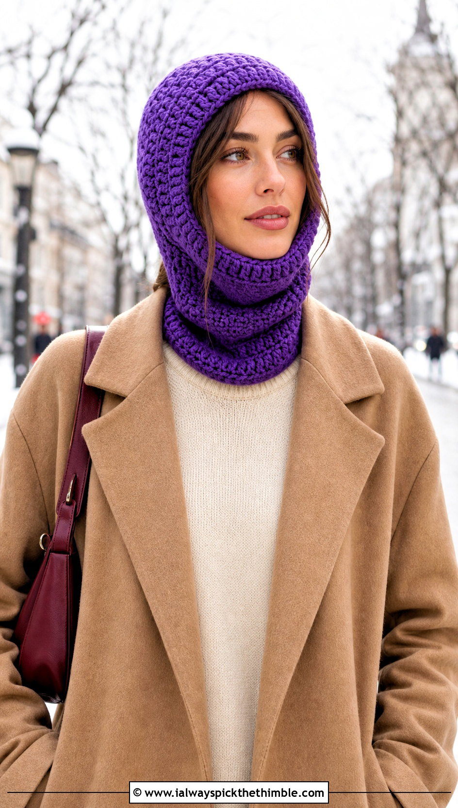Crochet Hood Hat With Longline Coat And Wide Leg Trousers - 25 cute crochet hat outfit ideas