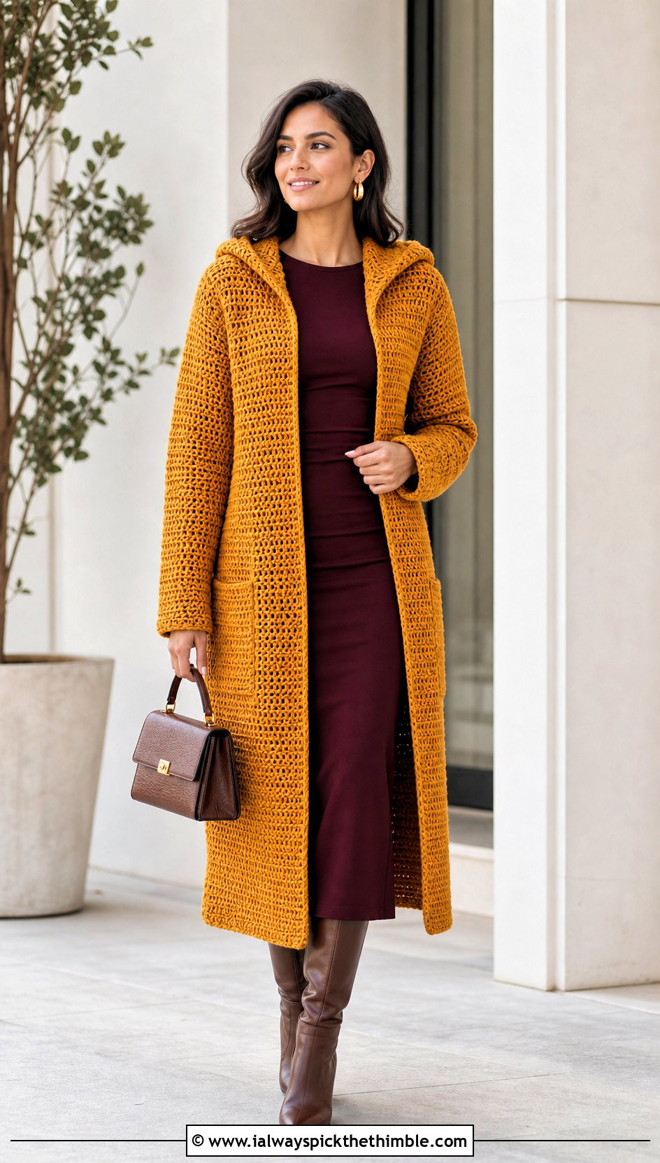 Crochet Hooded Cardigan Sweater With Column Dress - 20 crochet hooded sweater outfit ideas