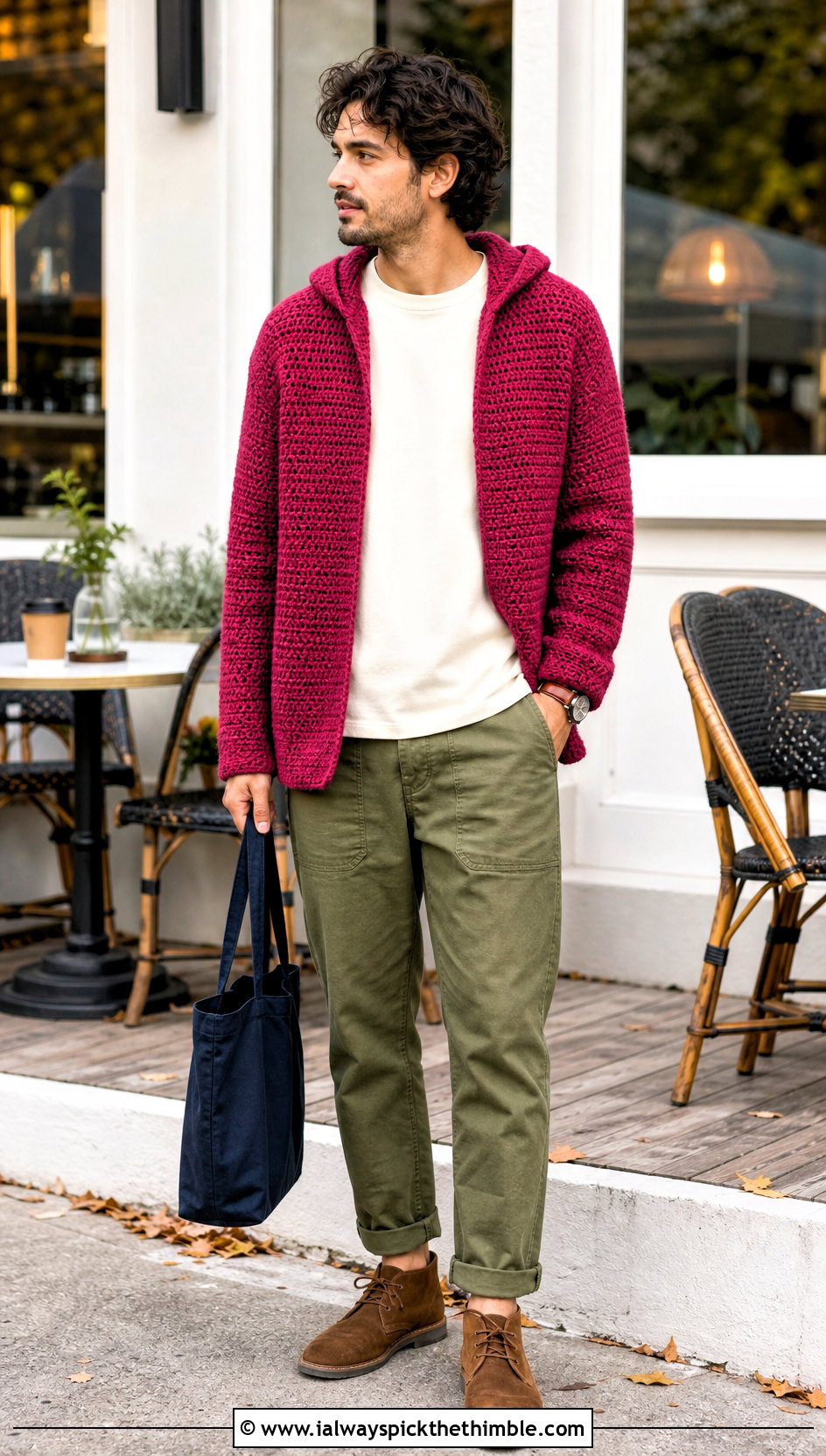 Crochet Hooded Cardigan With Fatigue Pants - 25 crochet hoodie for men outfit ideas