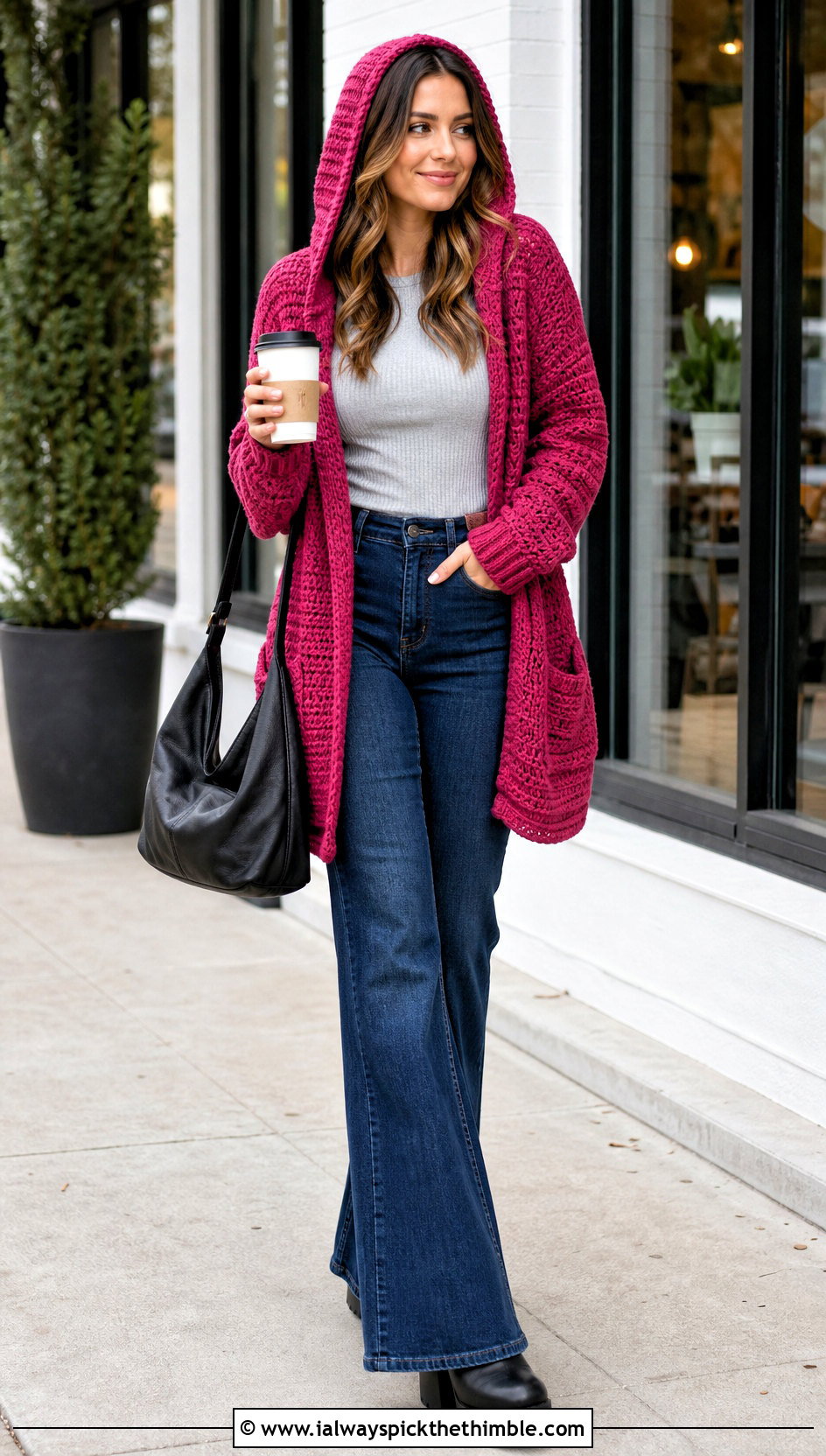 Crochet Hooded Cardigan With Flared Jeans - 20 crochet fall outfits ideas