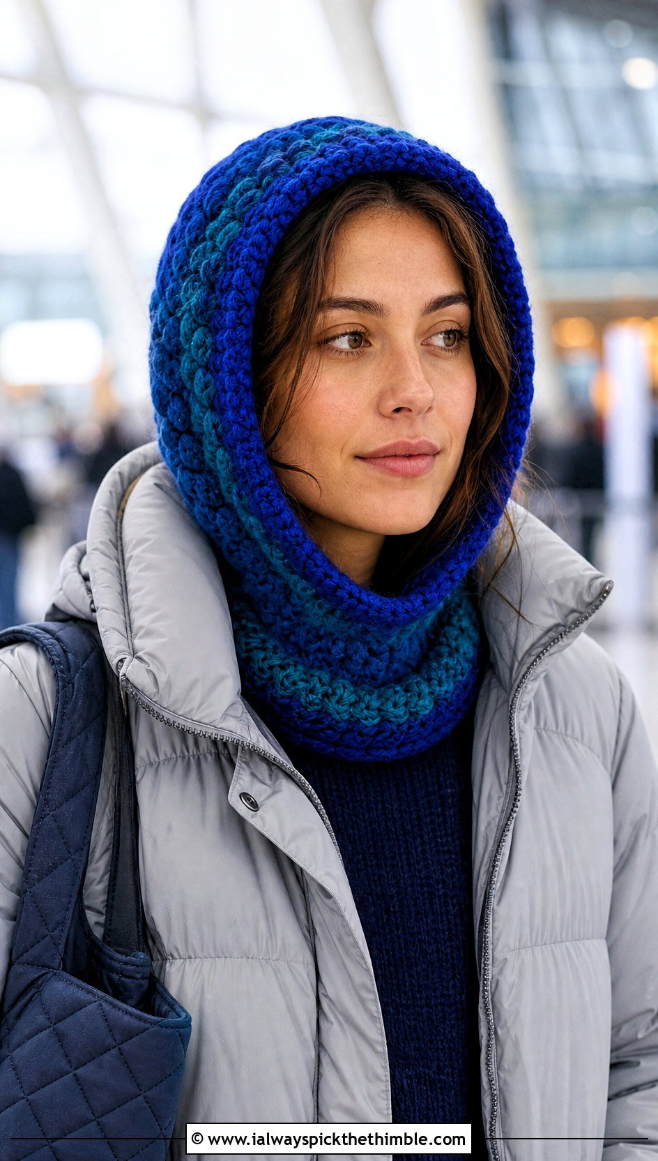 Crochet Hooded Hat With Long Puffer Coat - 20 winter crochet hats outfit ideas