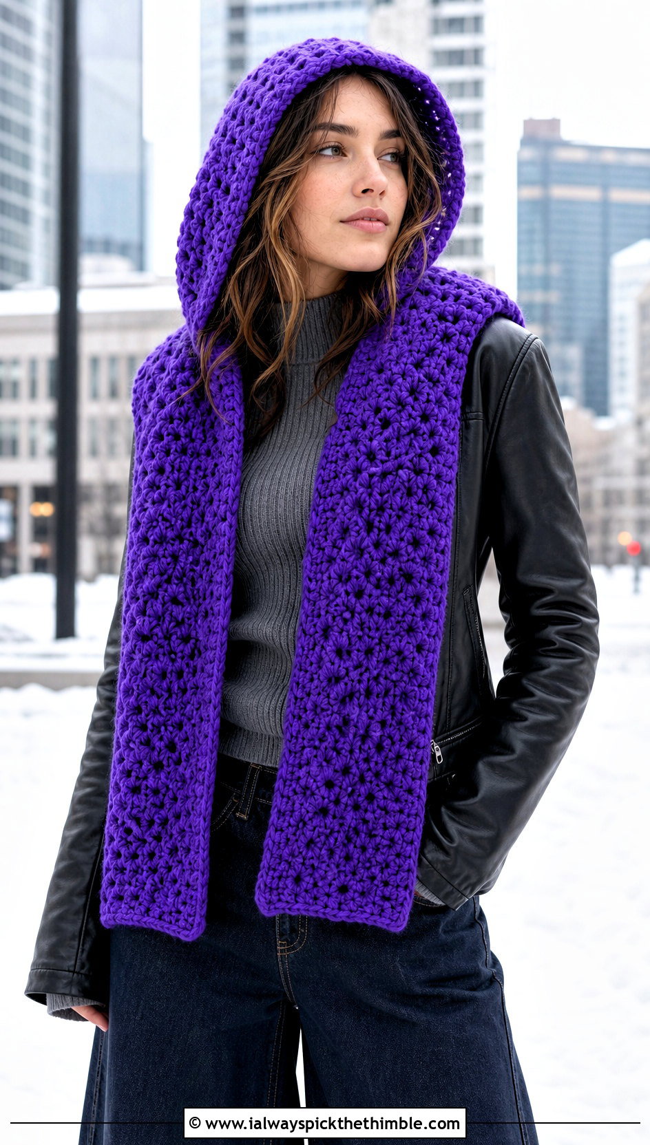 Crochet Hooded Scarf With Leather Jacket Outfit - 25 crochet accessories outfit ideas