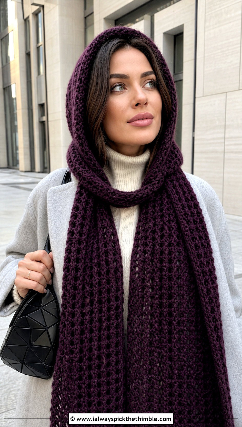 Crochet Hooded Scarf With Minimalist Wool Coat - 15 Crochet Scarf Hat outfit ideas