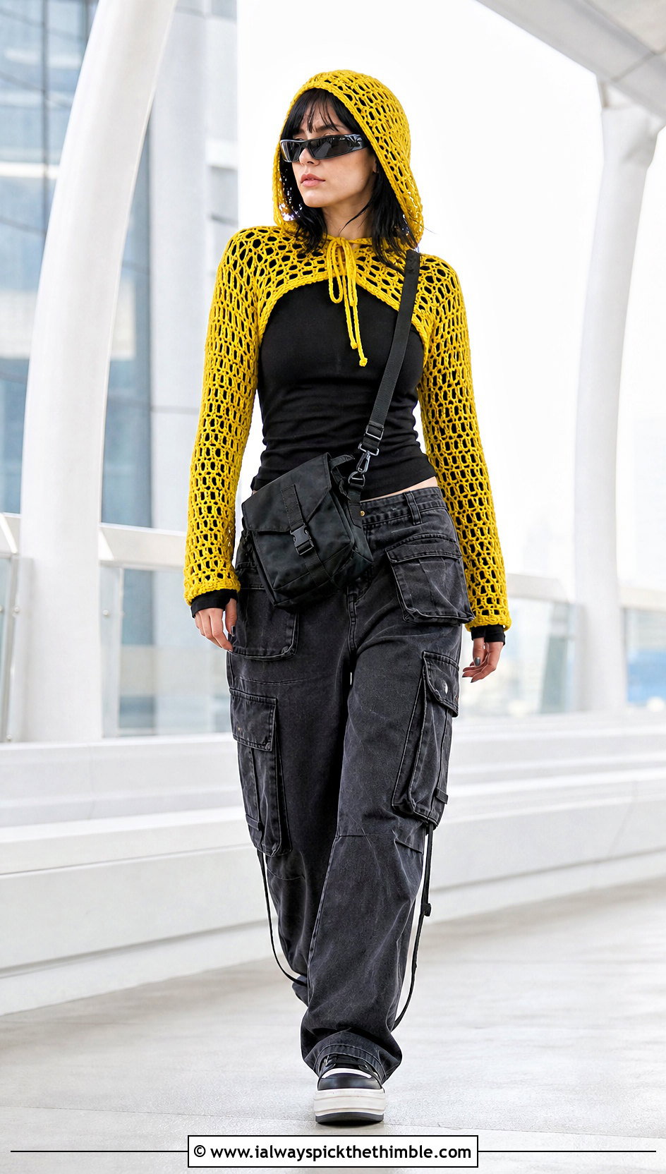 Crochet Hooded Shrug With Cargo Pants - 25 Crochet Goth Clothes and outfit ideas