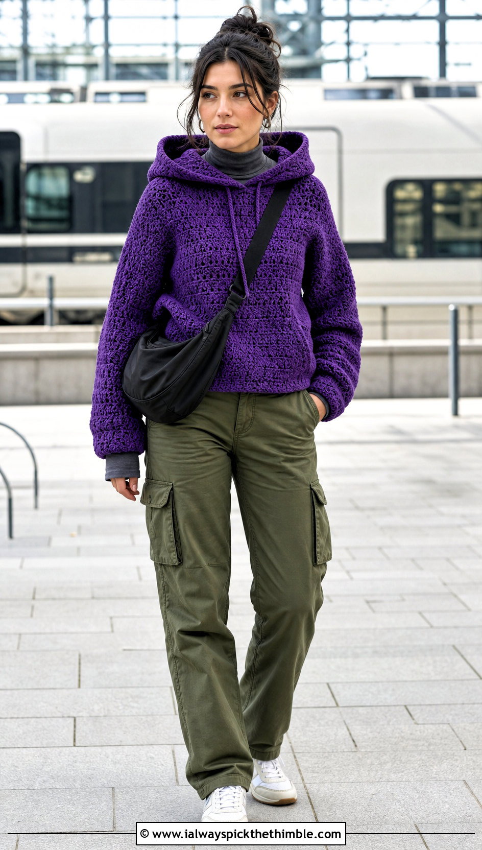 Crochet Hooded Sweater With Cargo Pants And Trainers - 20 Fall Crochet Clothes Ideas