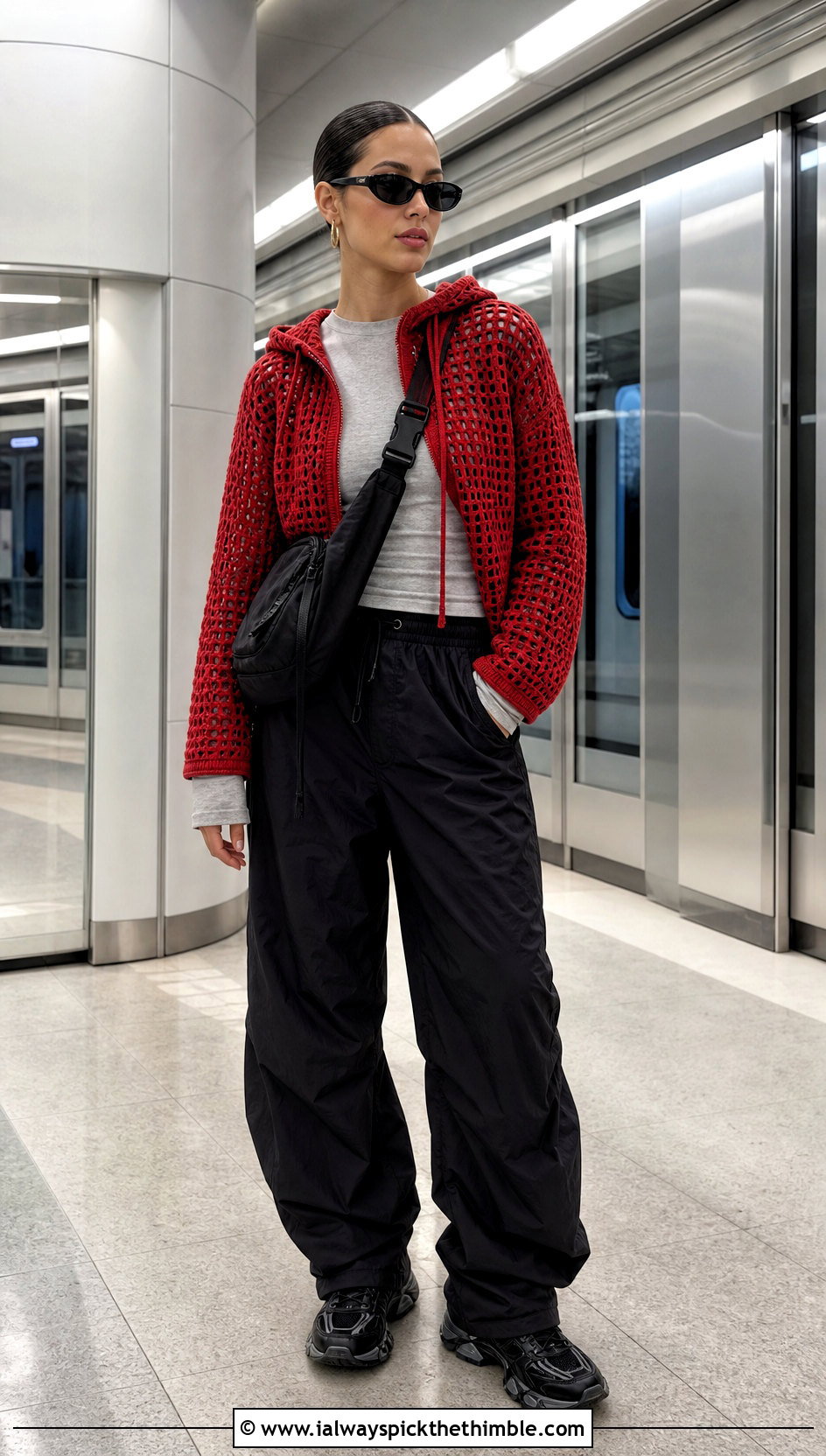 Crochet Hooded Sweater With Parachute Pants - 20 Edgy Crochet Clothes and outfit ideas